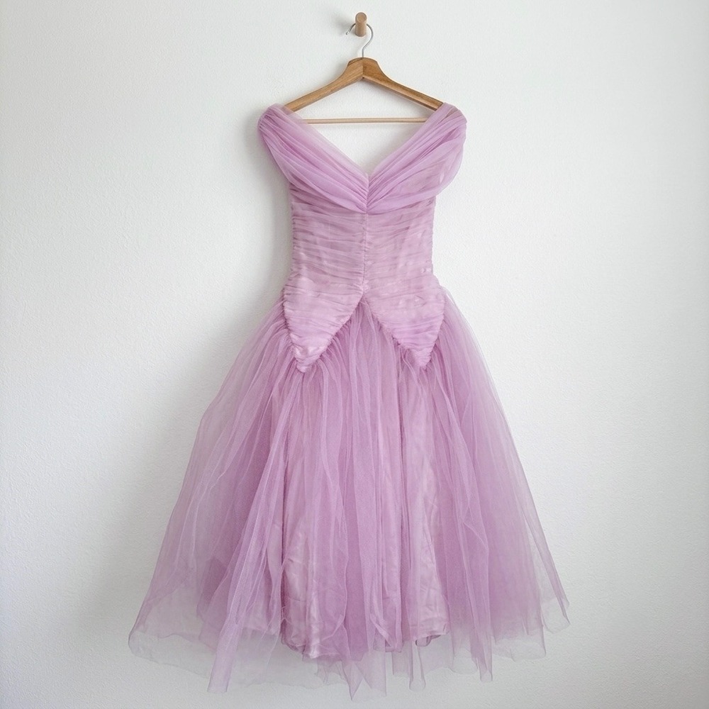 Vintage Lilac Tulle Off Shoulder Tea Length Party Dress Ruched 50s 24 Waist - Picture 2 of 11